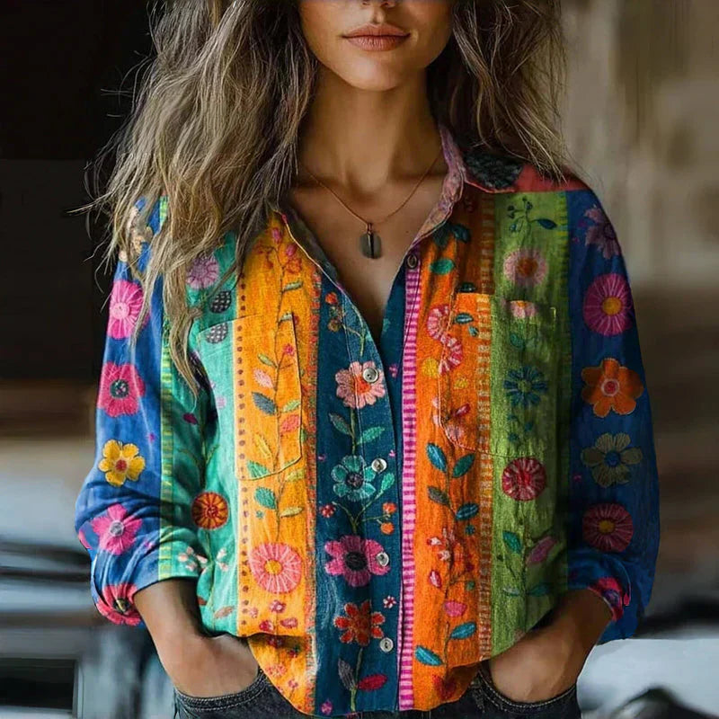 KROHN-E Damen Vintage Bluse Bohème Muster Leicht Bunt