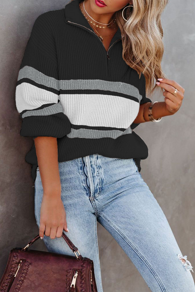 Krohn-e | lässiger Strickpullover mit Reißverschluss und Patchwork-Kragen