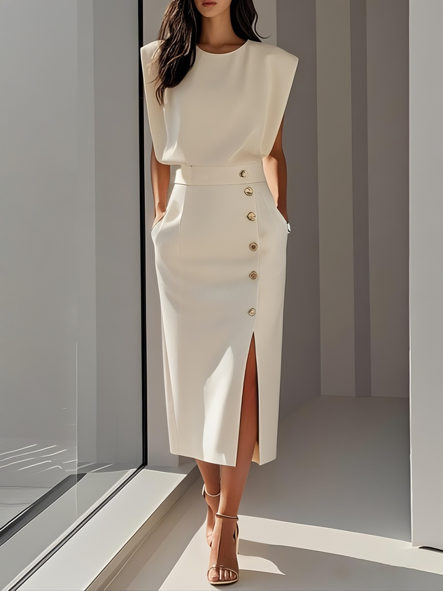 KROHN-E Damen Midi-Kleid Entspannter Schnitt Beige