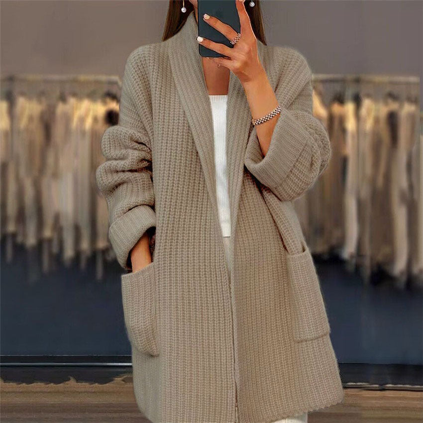 KROHN-E Damen Strick-Cardigan Taschen Langarm Offen Weich