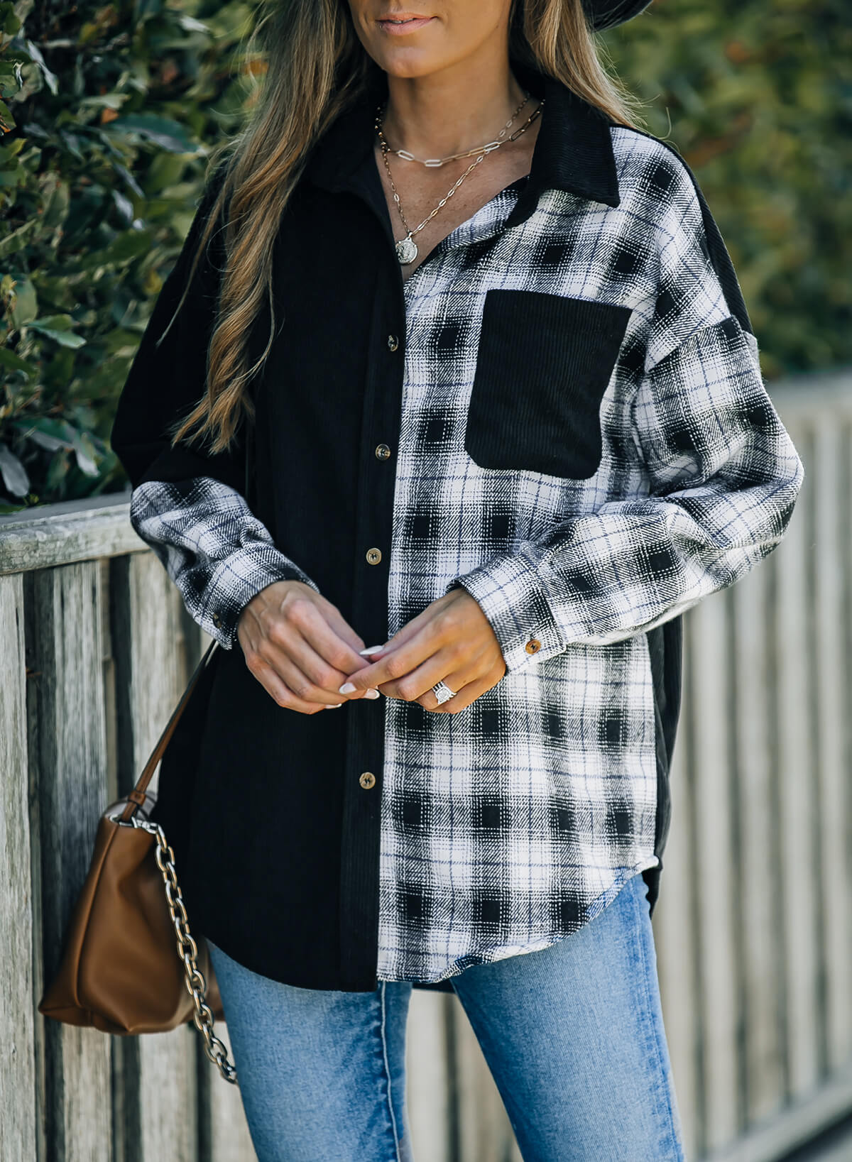 Krohn-e | Karierte Farbblock Gefallen Schulter Corduroy Shacket