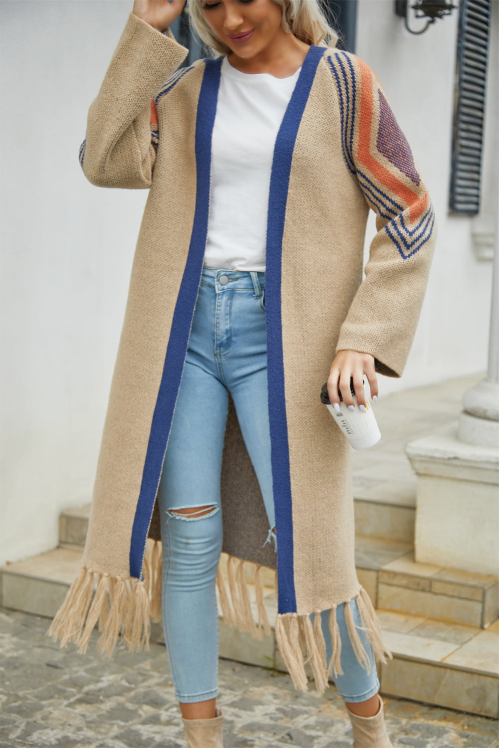 Krohn-e | Geometric Fringe Hem Offene Front Duster Cardigan