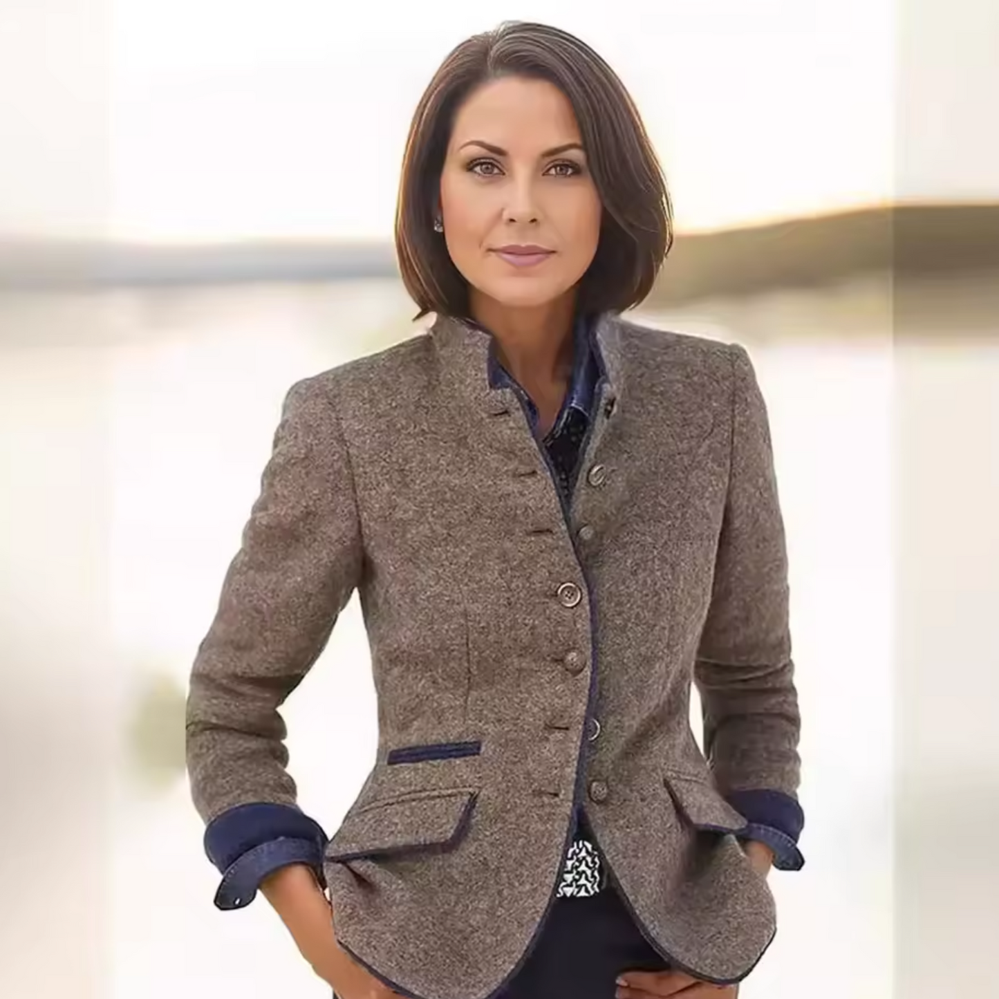 KROHN-E Damen Blazer Strukturiert Beige Handgefertigt