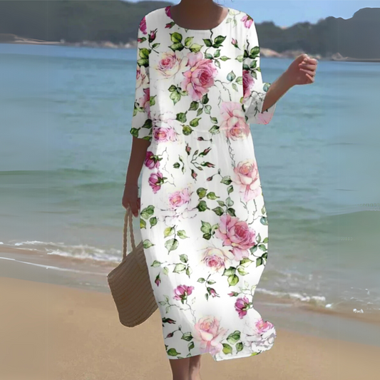KROHN-E Damen Kleid Blumenmuster A-Linie Kurzarm