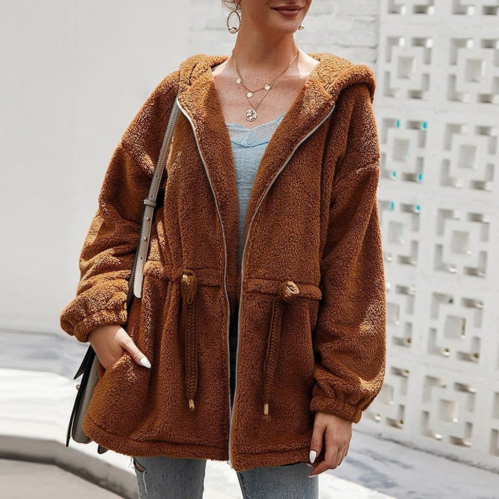 Krohn-e | Teddyjacke - Weicher Plüsch - Kapuze & Reißverschluss - Oversized Passform - Taschen