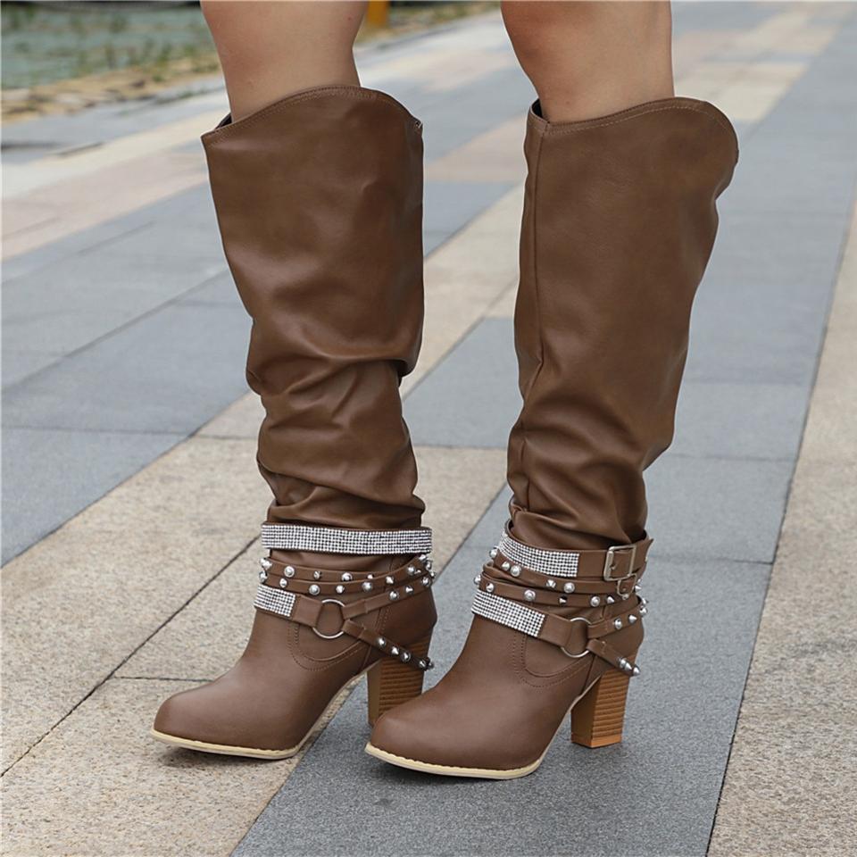 KROHN-E Damen Kniehohe Slouchy-Stiefel Blockabsatz Weiches Design