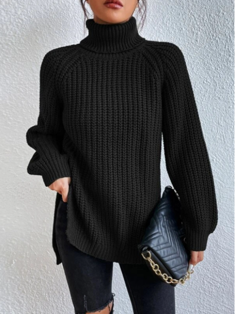 Krohn-e | Full Größe Turtle Ribbed Knit Schlitzpullover