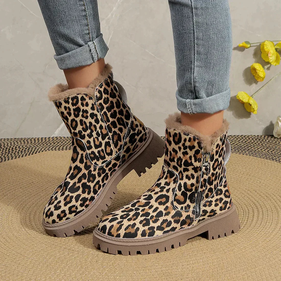 Krohn-e | Winter Leopardenmuster Verstärkte Samtschnee Stiefel