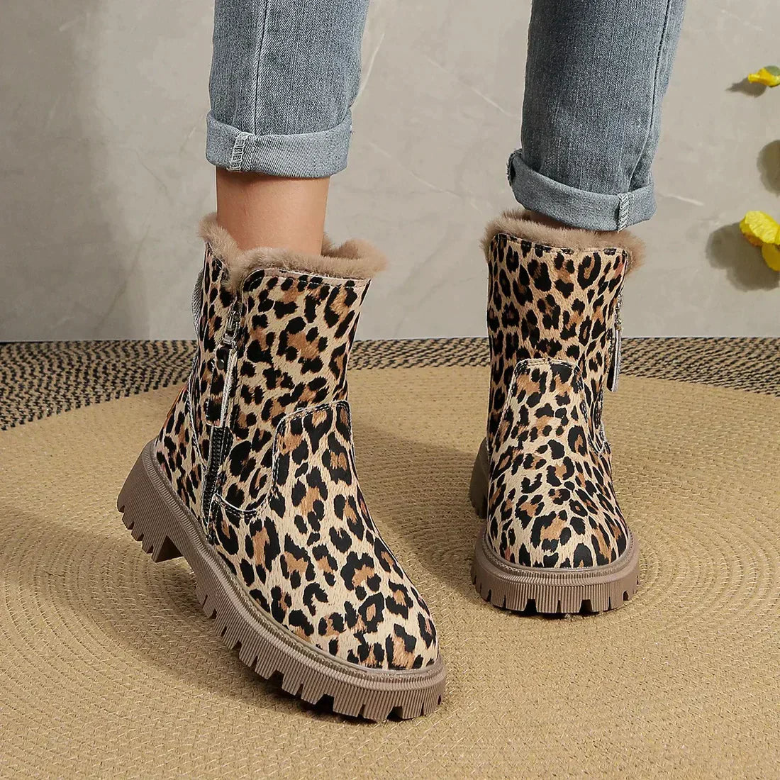 Krohn-e | Winter Leopardenmuster Verstärkte Samtschnee Stiefel