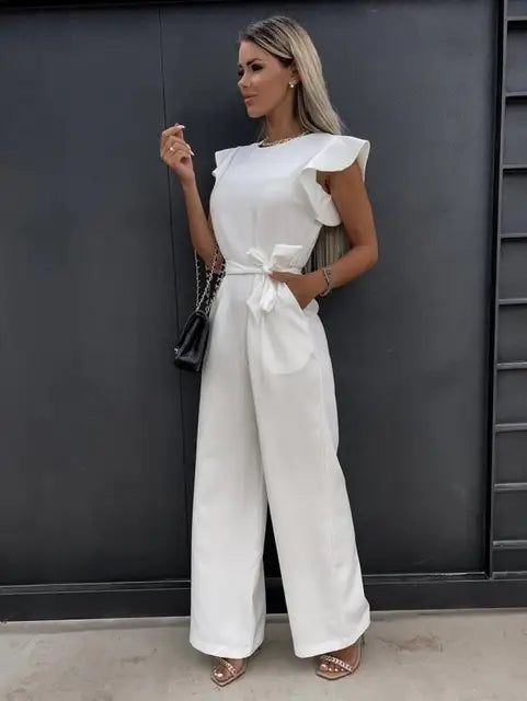 Damen-Jumpsuit mit Gürtel und gerafften Ärmeln
