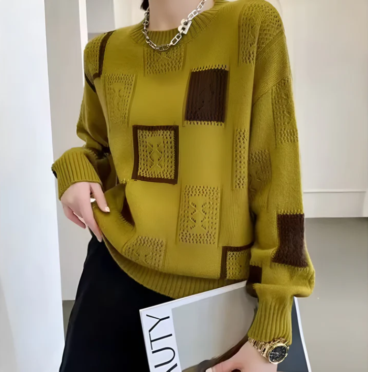 KROHN-E Damen Strickpullover Patchwork Design Langarm warm Winter