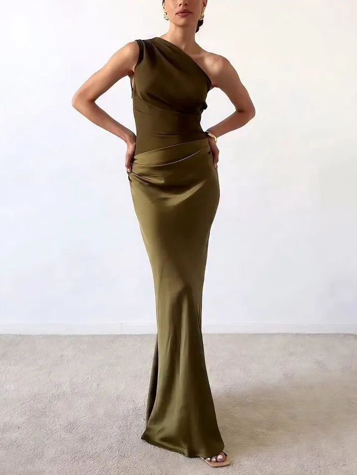 KROHN-E Damen One-Shoulder Maxi-Kleid Plissiert Fließend Elegant