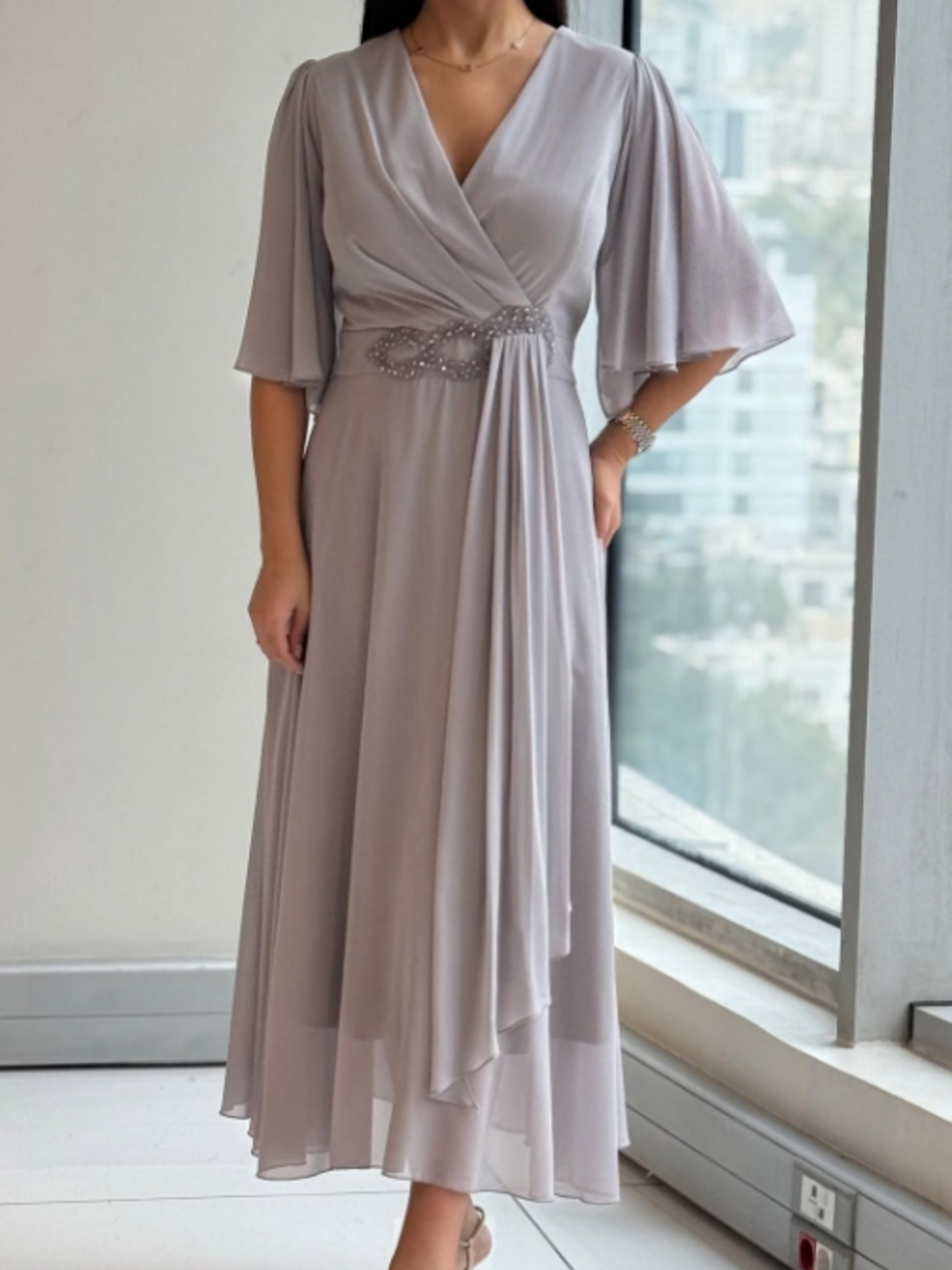 KROHN-E Damen Maxi-Kleid V-Ausschnitt Fließend