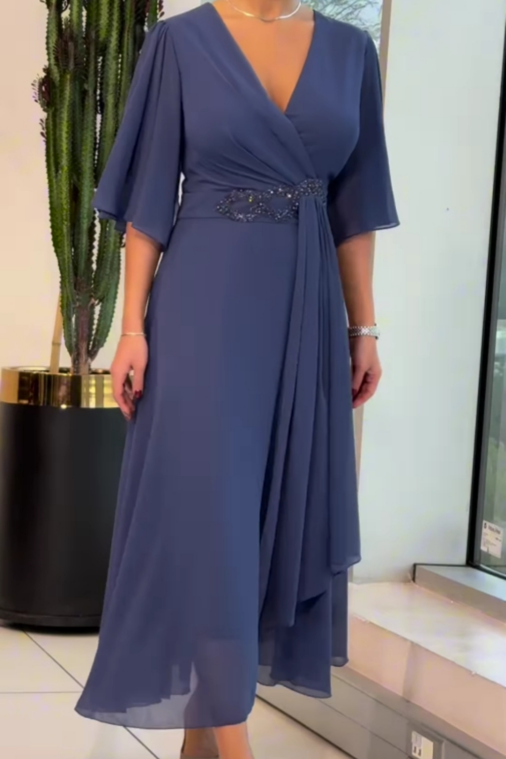 KROHN-E Damen Maxi-Kleid V-Ausschnitt Fließend Verstellbare Träger