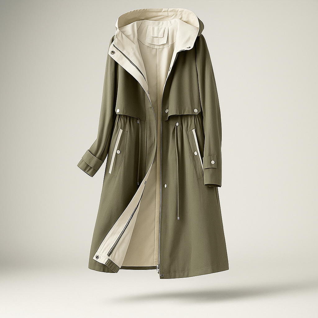 Krohn-e | Langer Trenchcoat für Damen mit verstellbarer Kapuze