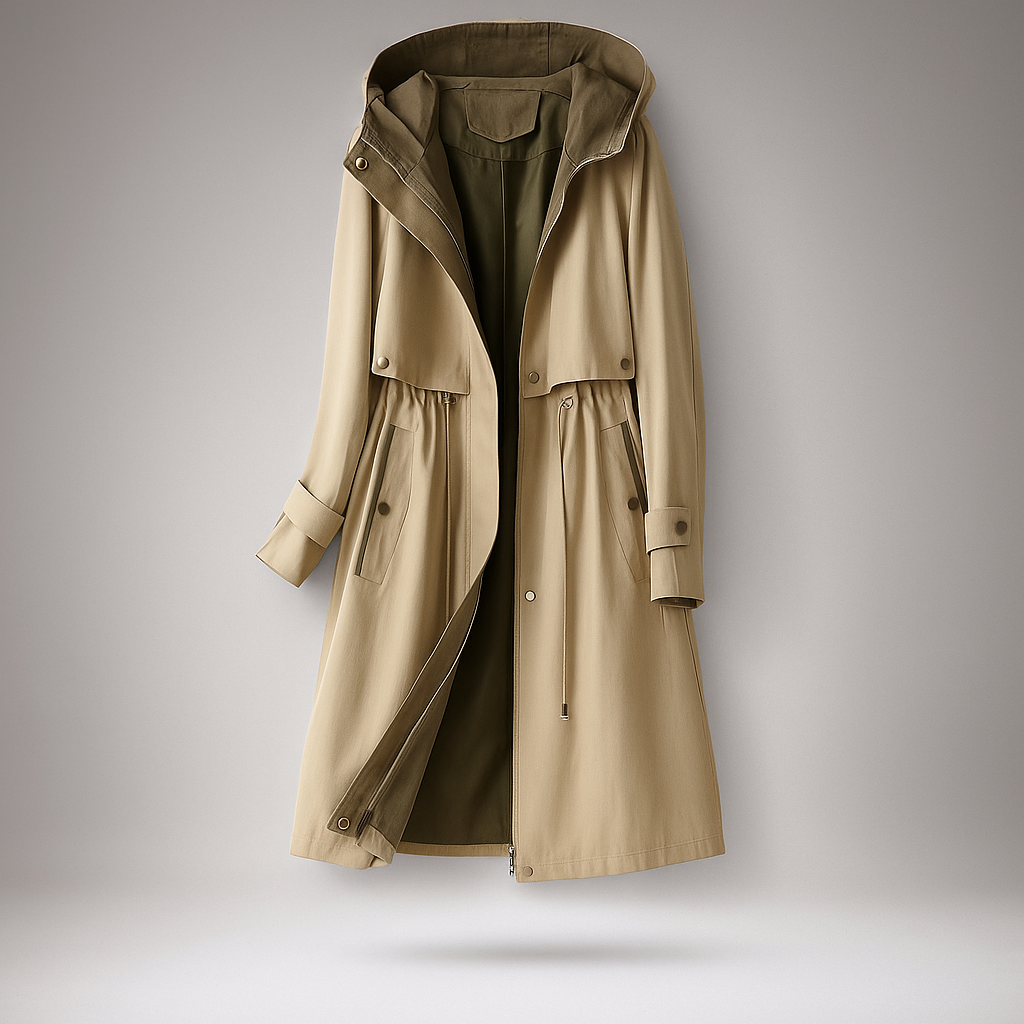 Krohn-e | Langer Trenchcoat für Damen mit verstellbarer Kapuze