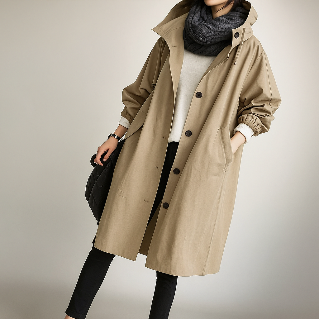 Krohn-e | Damen Trenchcoat oversized mit leichter Kapuze