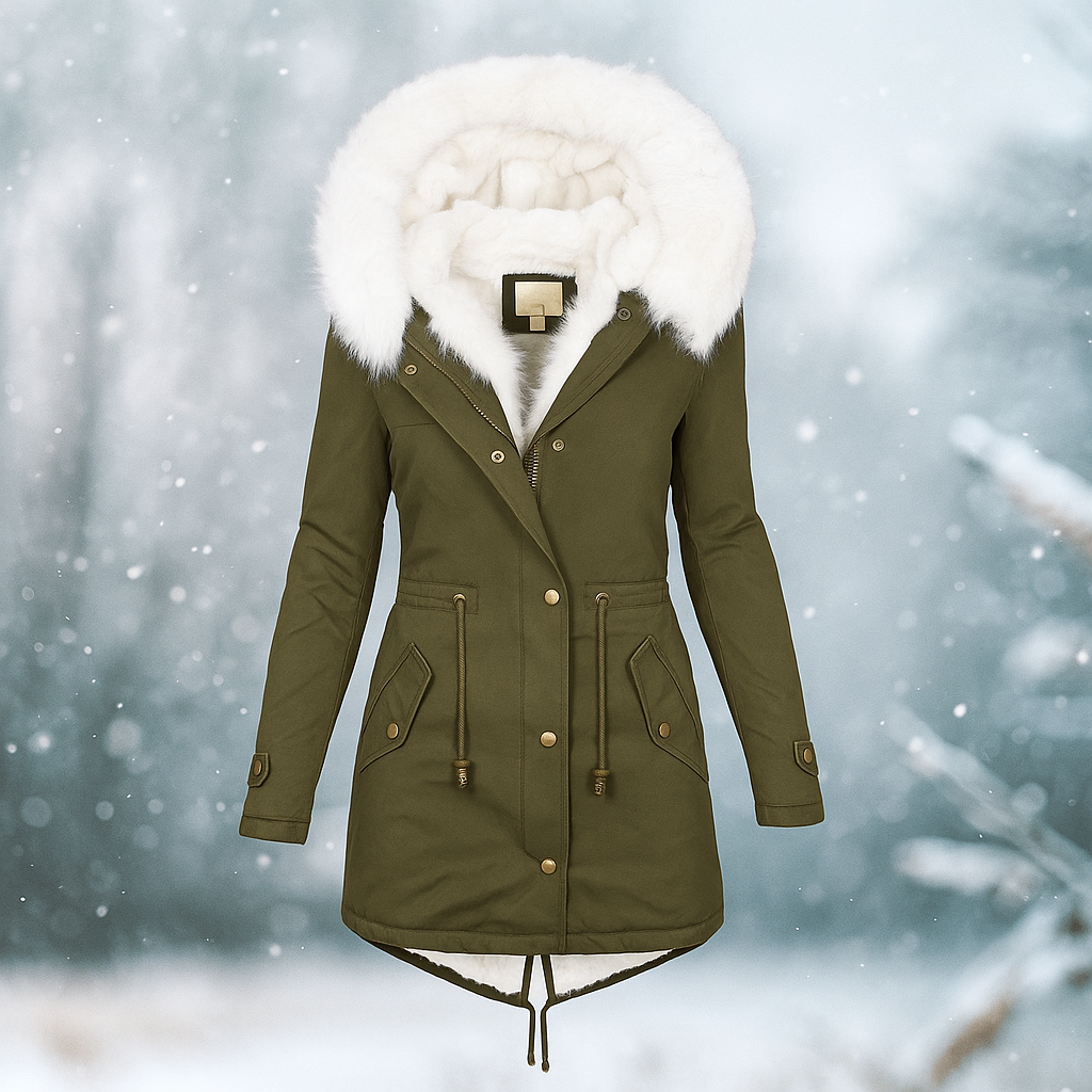 Krohn-e | Eleganter Wintermantel mit Kapuze aus Kunstfell Paula
