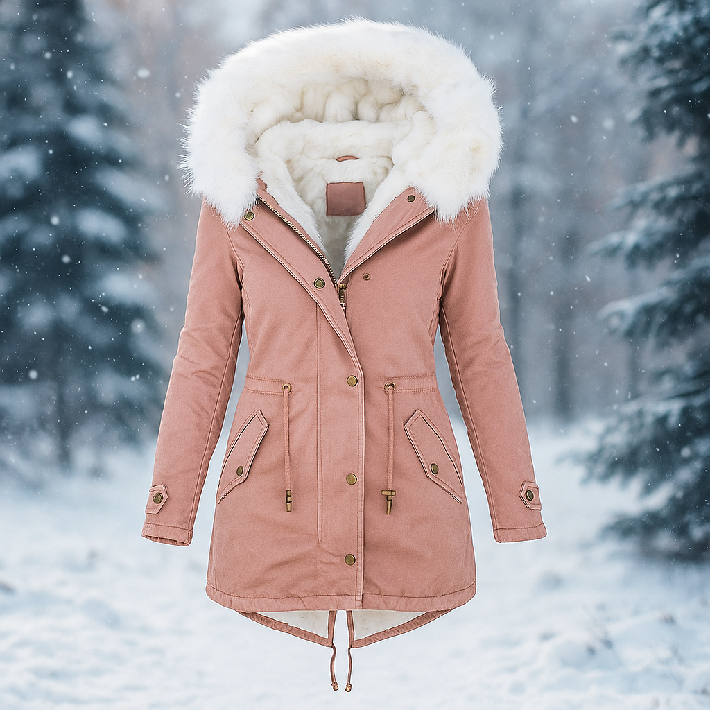 Krohn-e | Eleganter Wintermantel mit Kapuze aus Kunstfell Paula