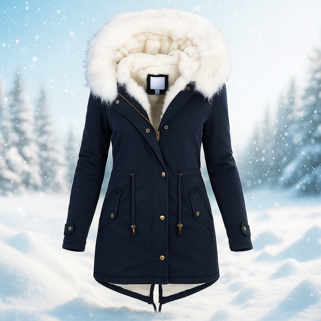 Krohn-e | Eleganter Wintermantel mit Kapuze aus Kunstfell Paula