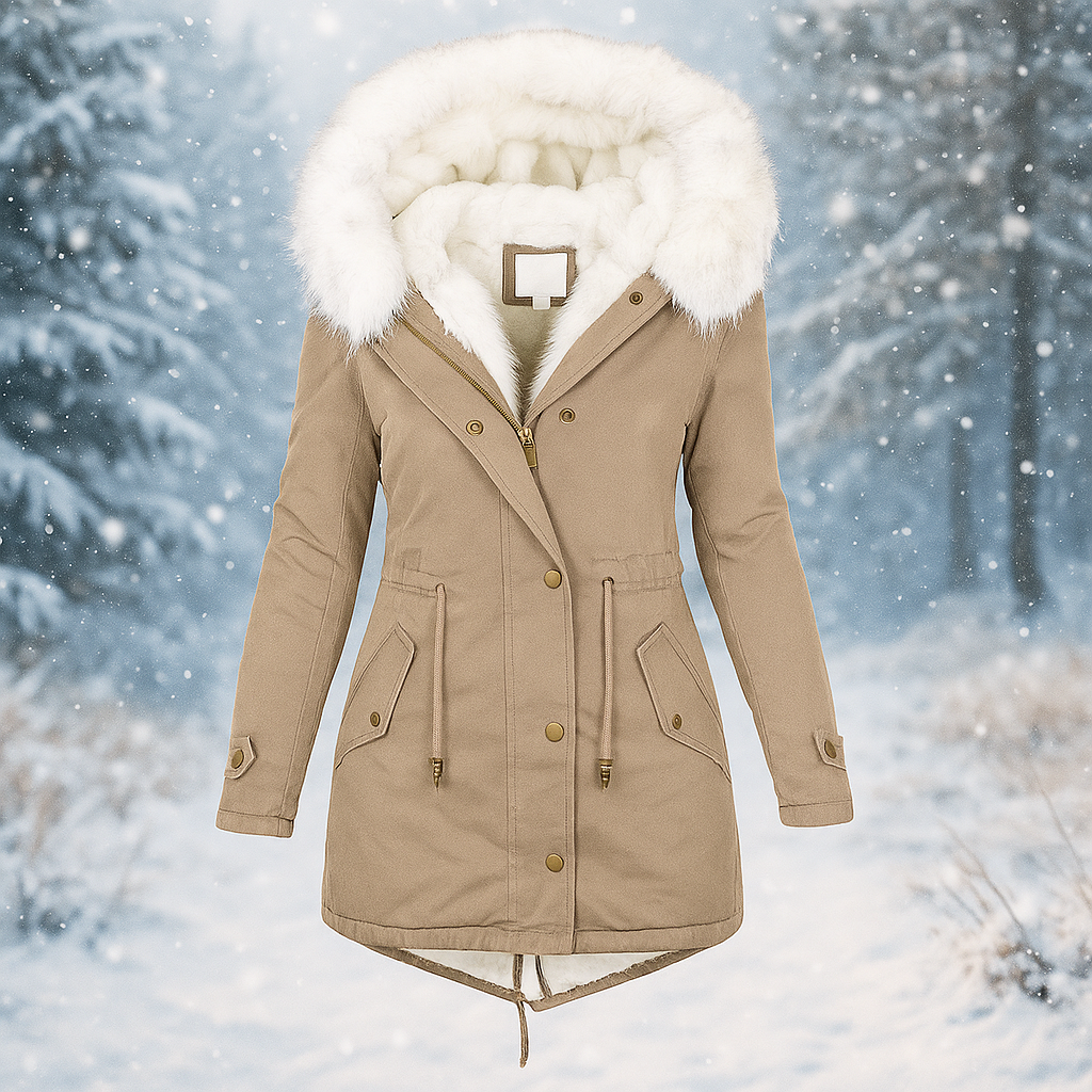 Krohn-e | Eleganter Wintermantel mit Kapuze aus Kunstfell Paula
