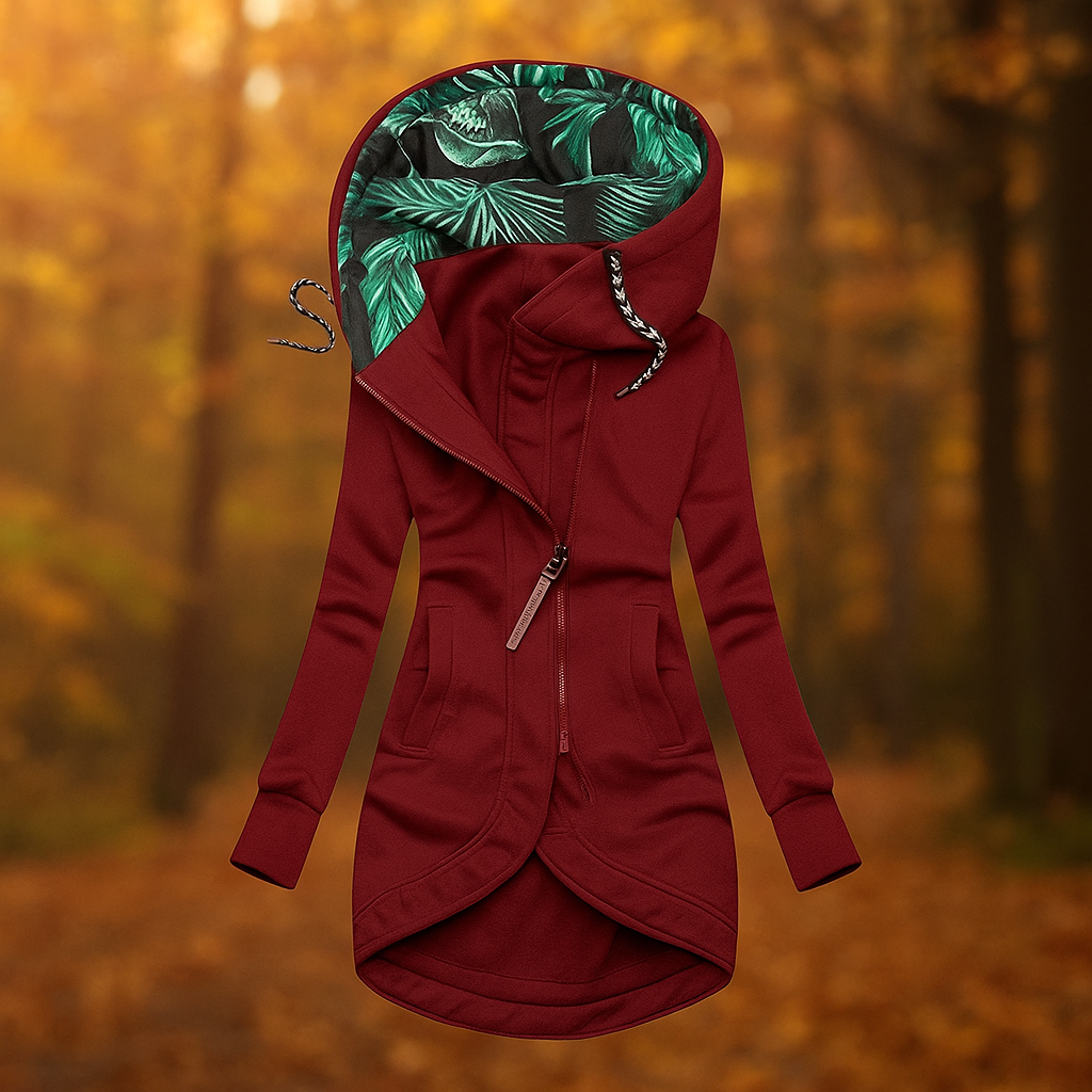 Krohn-e | Lange bedruckte Jacke mit Kapuze und asymmetrischem Design