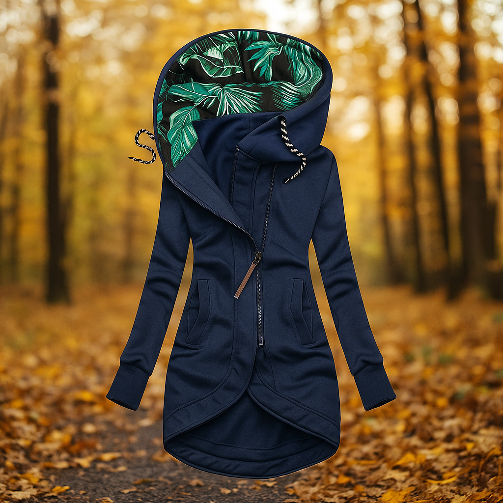 Krohn-e | Lange bedruckte Jacke mit Kapuze und asymmetrischem Design
