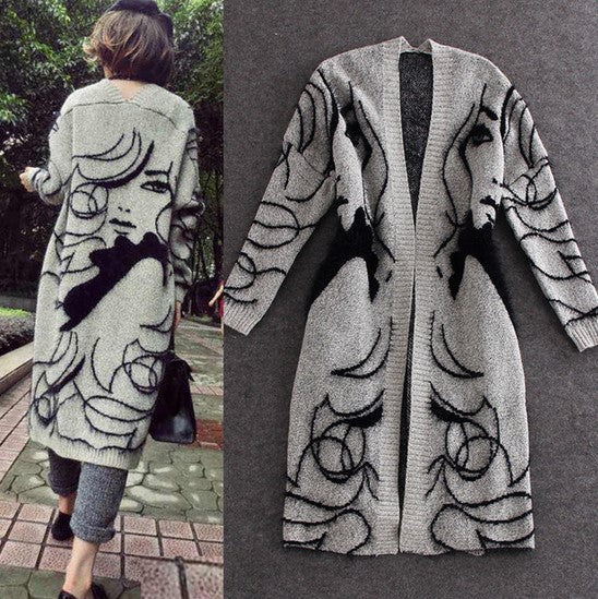 Damen Lange Strickjacke mit kunstvollem Muster Krohn-e - Krohn-e