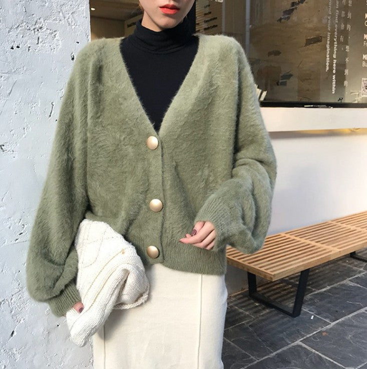 Damen Flauschige Strickjacke mit großen Knöpfen und voluminösen Ärmeln Krohn-e