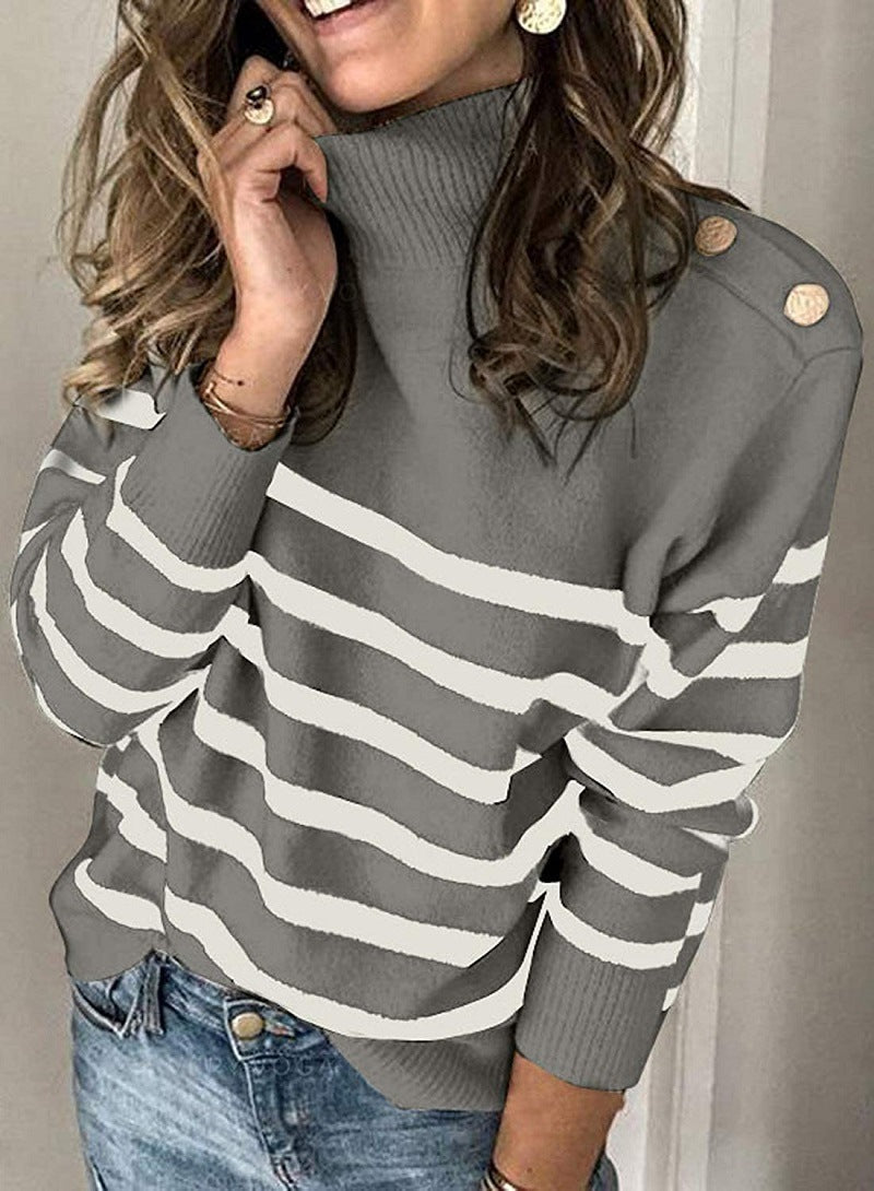 Damen Hochgeschlossen Pullover mit Streifenmuster und dekorativen Knöpfen Krohn-e