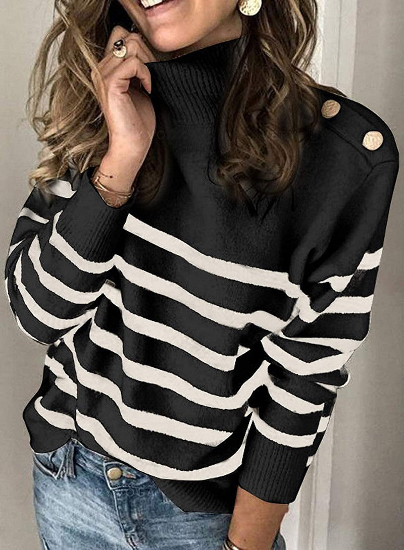 Damen Hochgeschlossen Pullover mit Streifenmuster und dekorativen Knöpfen Krohn-e