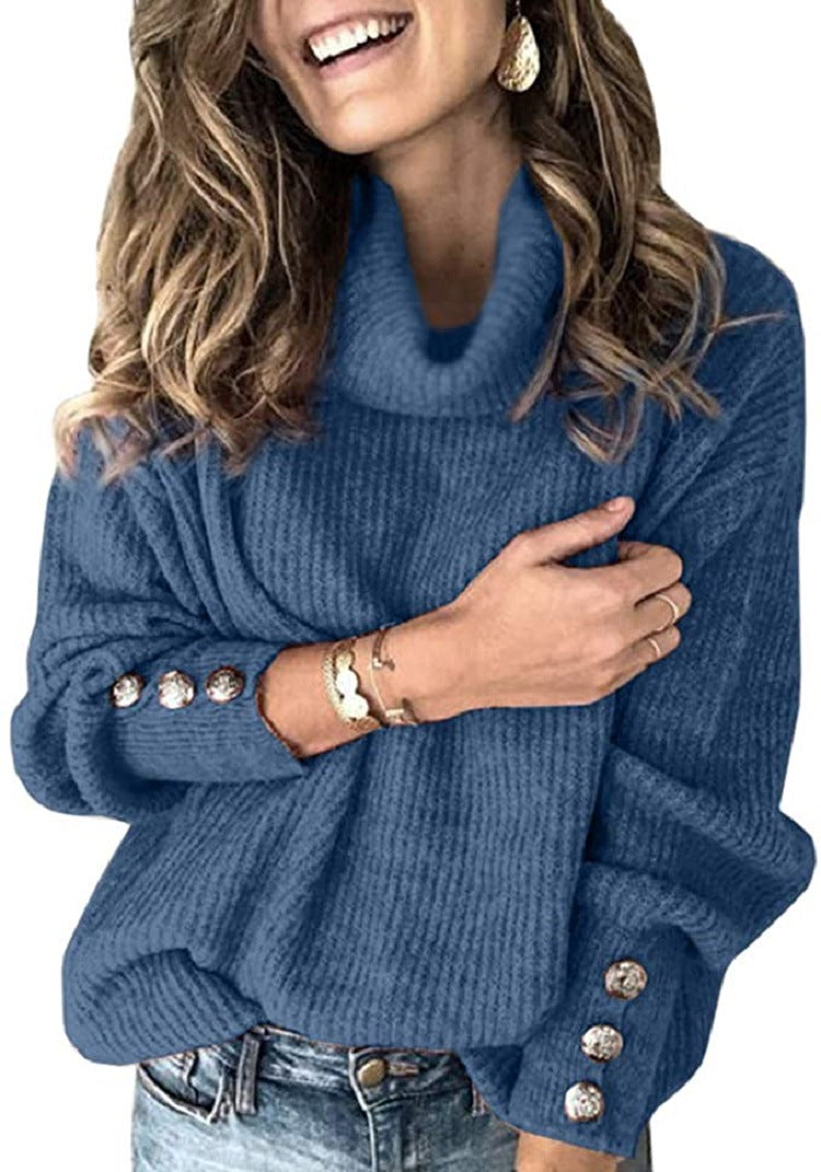 Damen Oversized Rollkragenpullover mit dekorativen Knöpfen Krohn-e