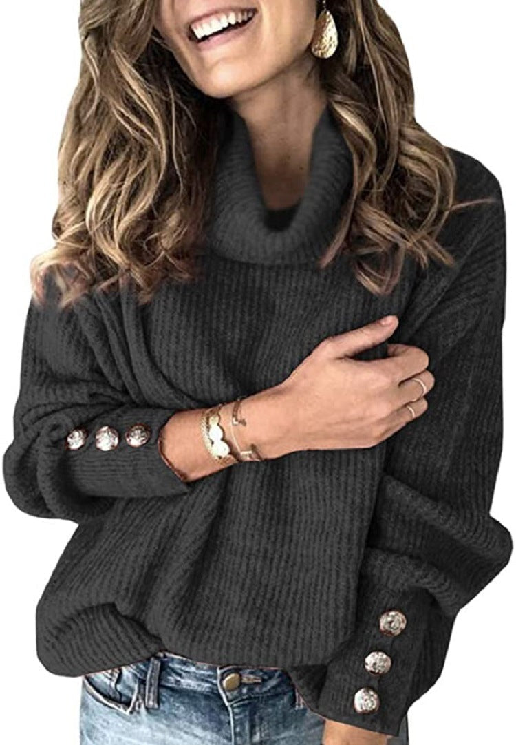 Damen Oversized Rollkragenpullover mit dekorativen Knöpfen Krohn-e