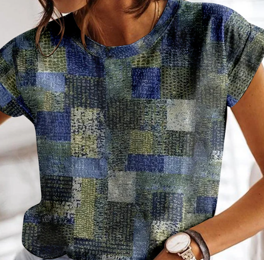 Fudus Damen Sommer T-Shirt, kariert, mit Rundhalsausschnitt