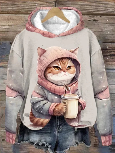 Damenpullover mit Katzen- und Kaffeemotiv