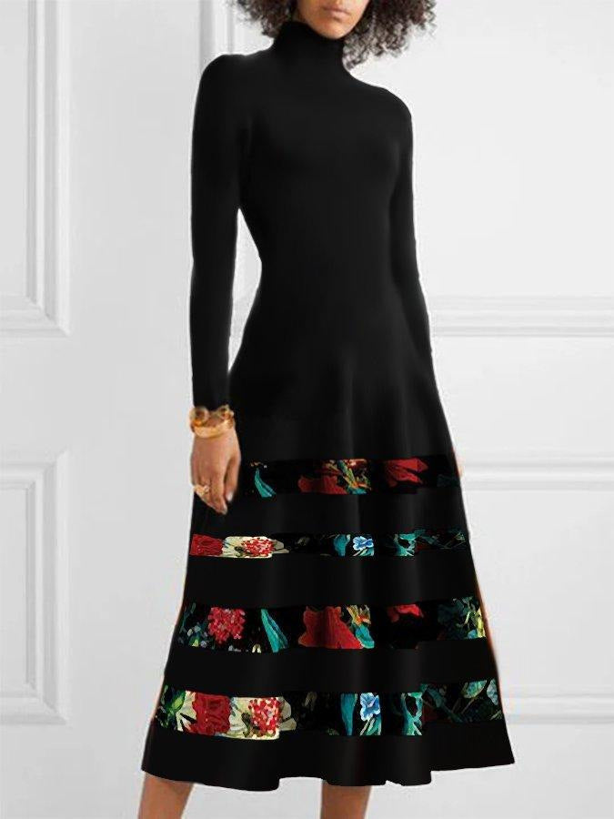 Damen Strickkleid mit hohem Kragen und floralem Saum Krohn-e