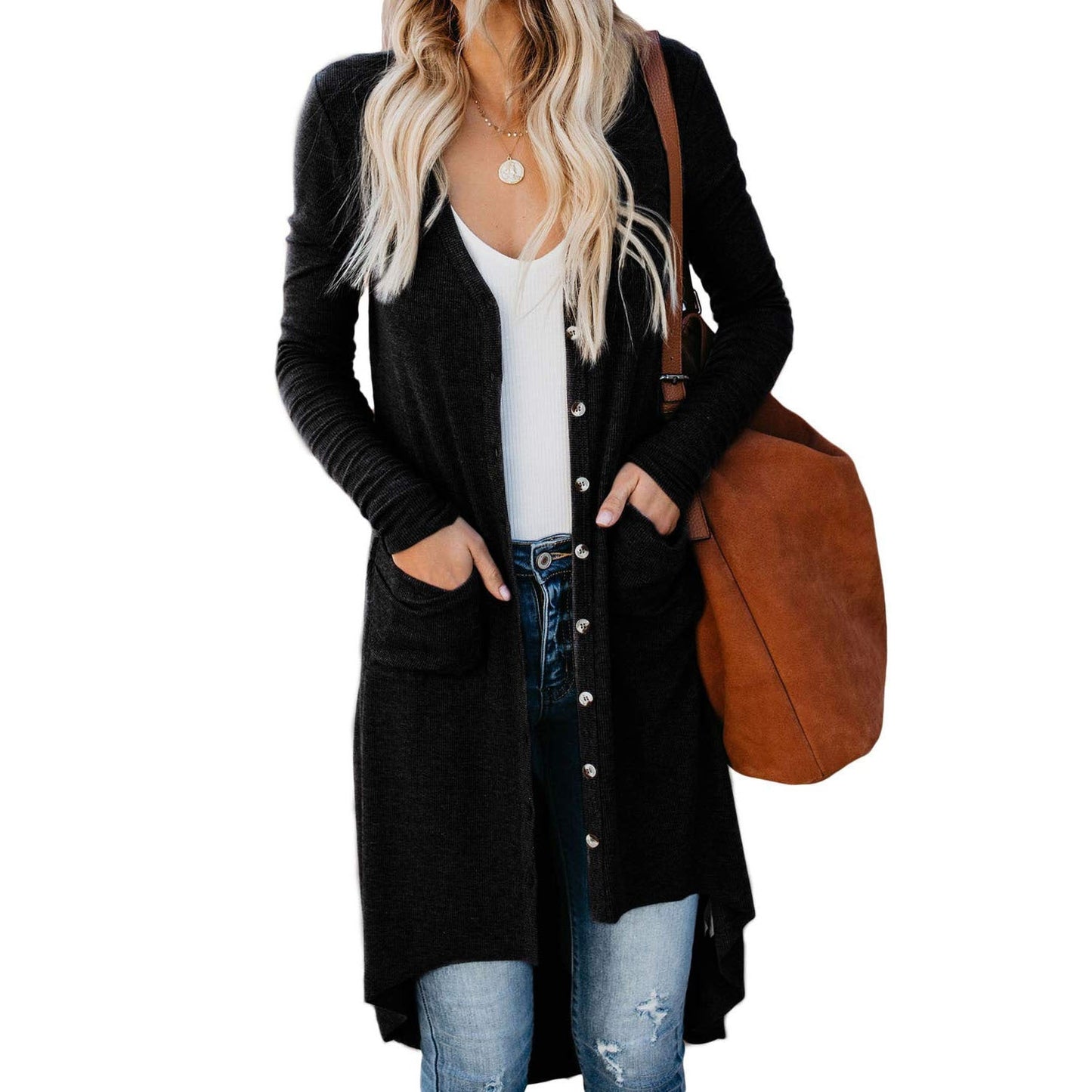 Damen Lange Strickjacke mit praktischen Taschen und Knopfleiste Krohn-e