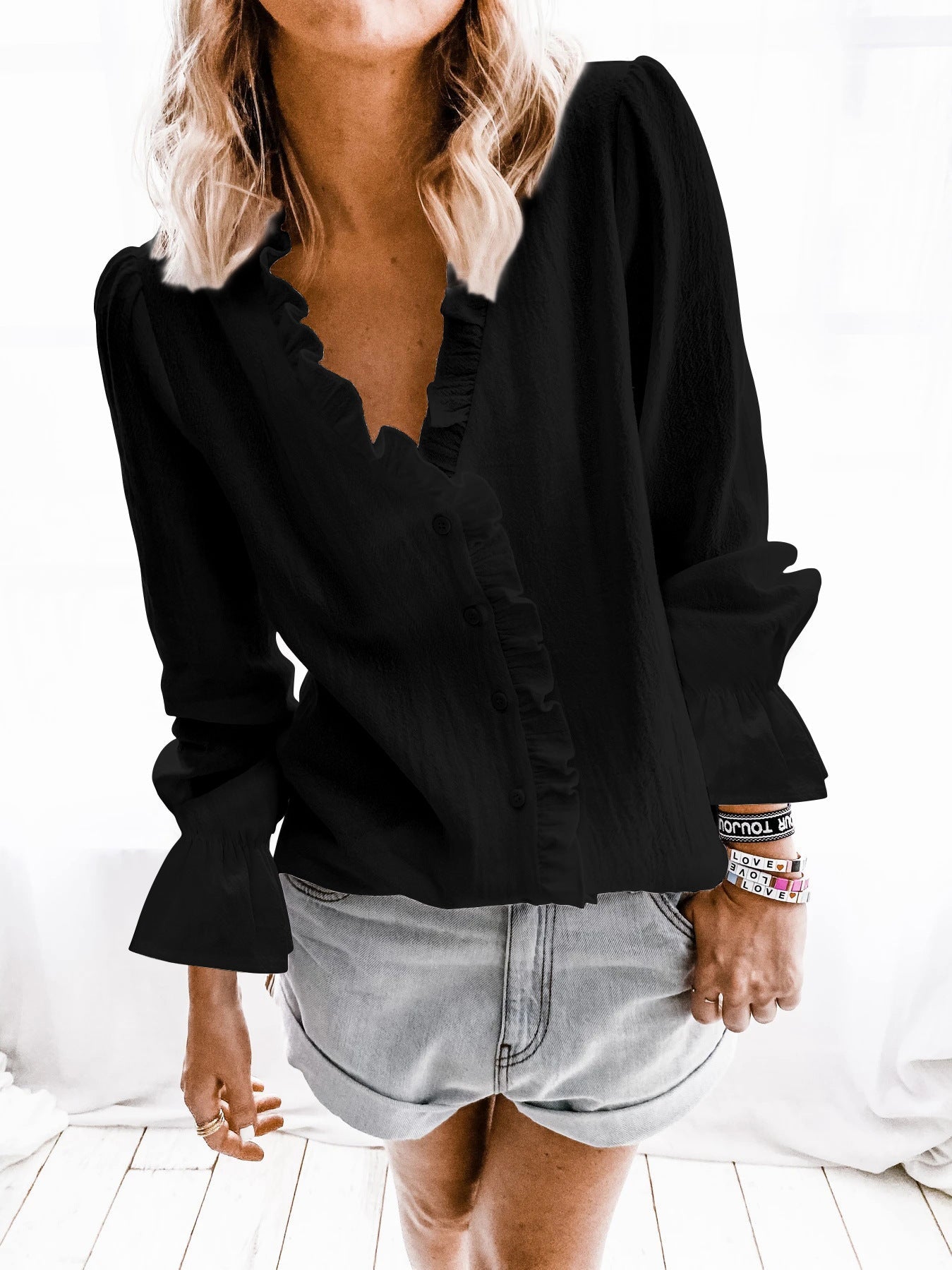 Damen Blusenshirt mit Rüschendetails und Knopfverschluss Krohn-e