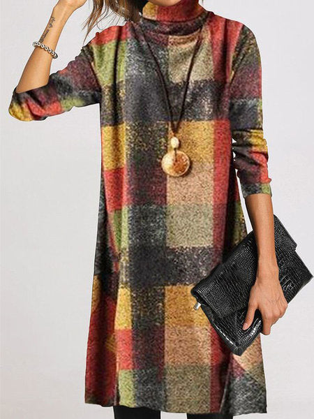 Damen trendiges Karo-Kleid mit hohem Kragen Krohn-e