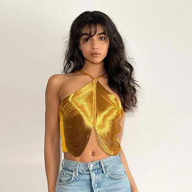 Metallic Look Cross-Front Neckholder Crop Top by Fudus