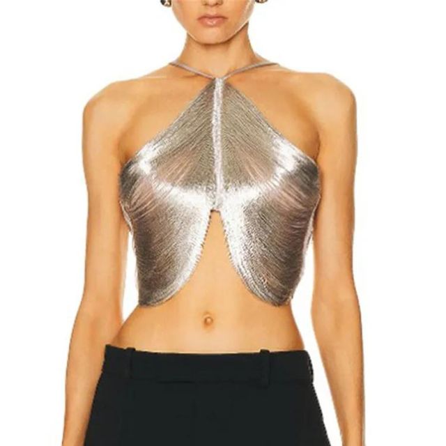 Metallic Look Cross-Front Neckholder Crop Top by Fudus