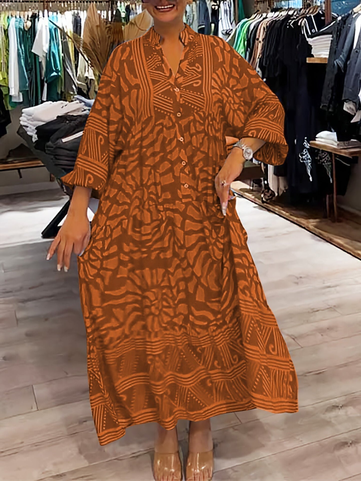 KROHN-E Damen V-Ausschnitt Kleid Fließend Locker Taillenkontrolle