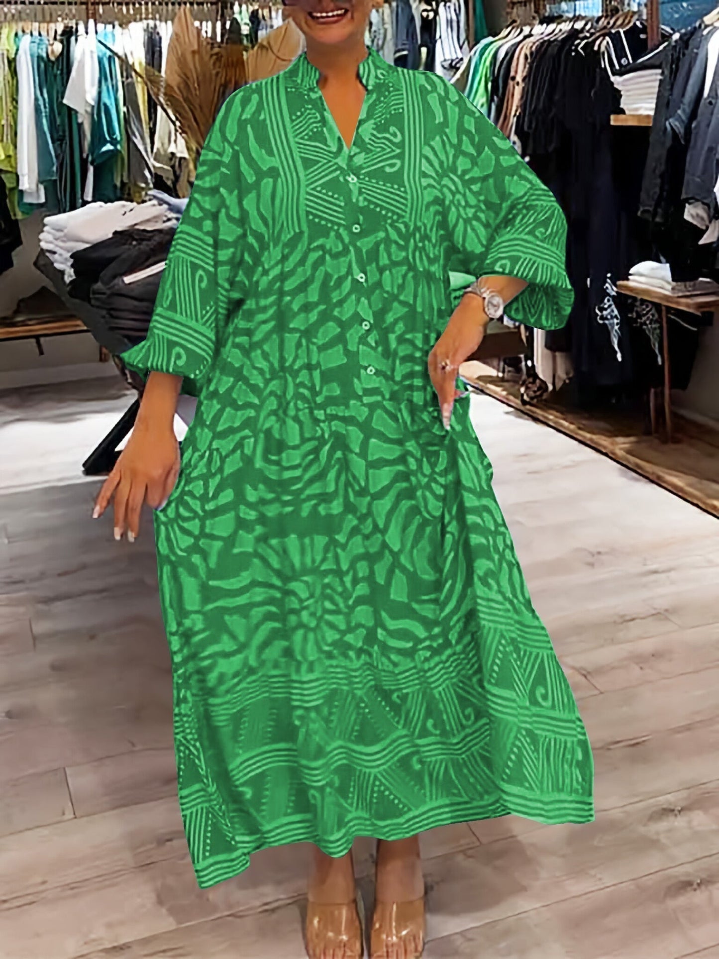 KROHN-E Damen V-Ausschnitt Kleid Fließend Locker Taillenkontrolle