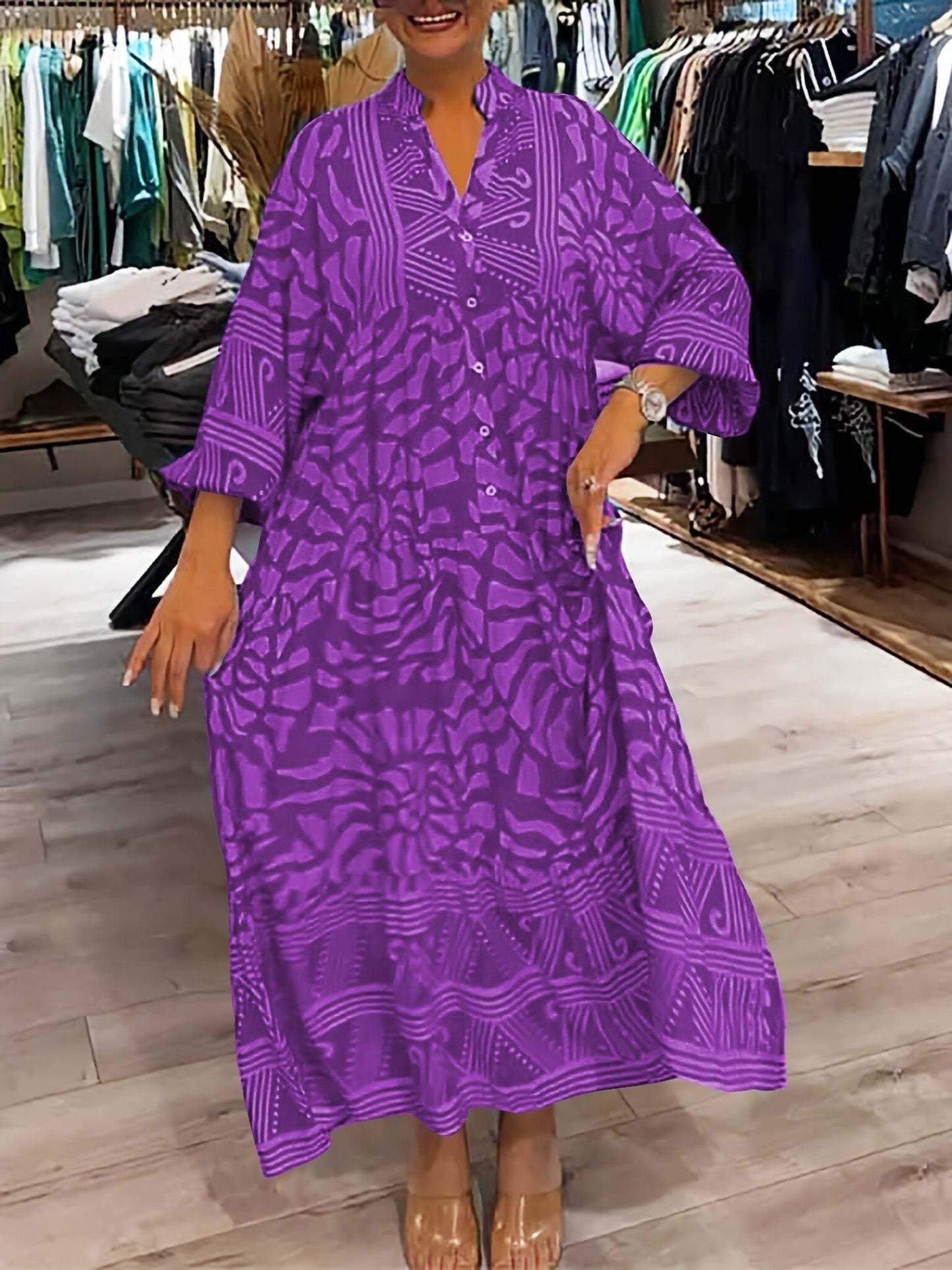 KROHN-E Damen V-Ausschnitt Kleid Fließend Locker Taillenkontrolle
