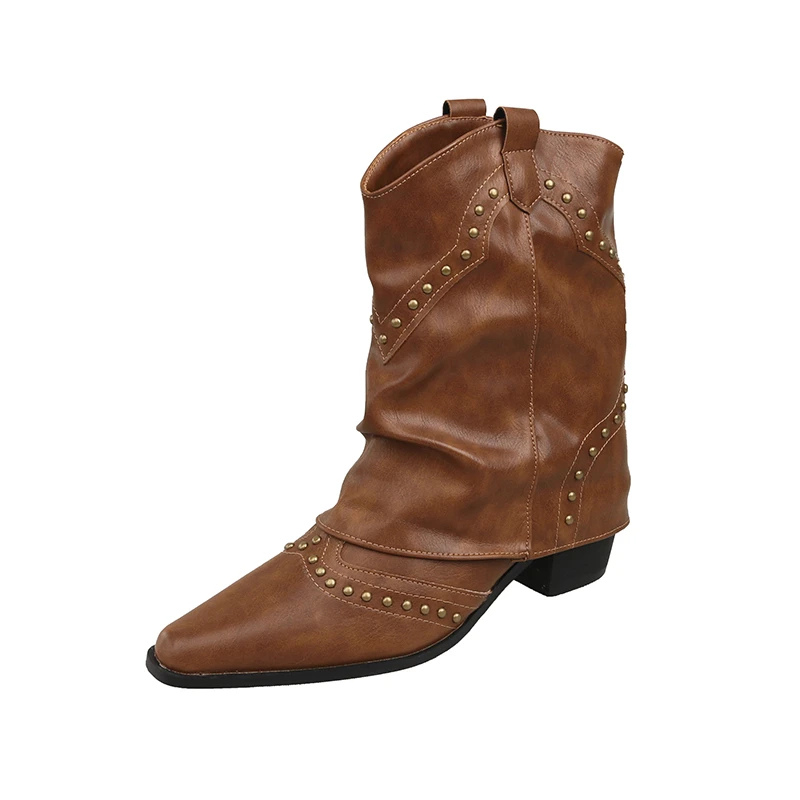 KROHN-E Damen Western-Stiefel Nieten-Details Mittlerer Absatz