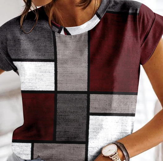 Fudus Damen Sommer T-Shirt, kariert, mit Rundhalsausschnitt