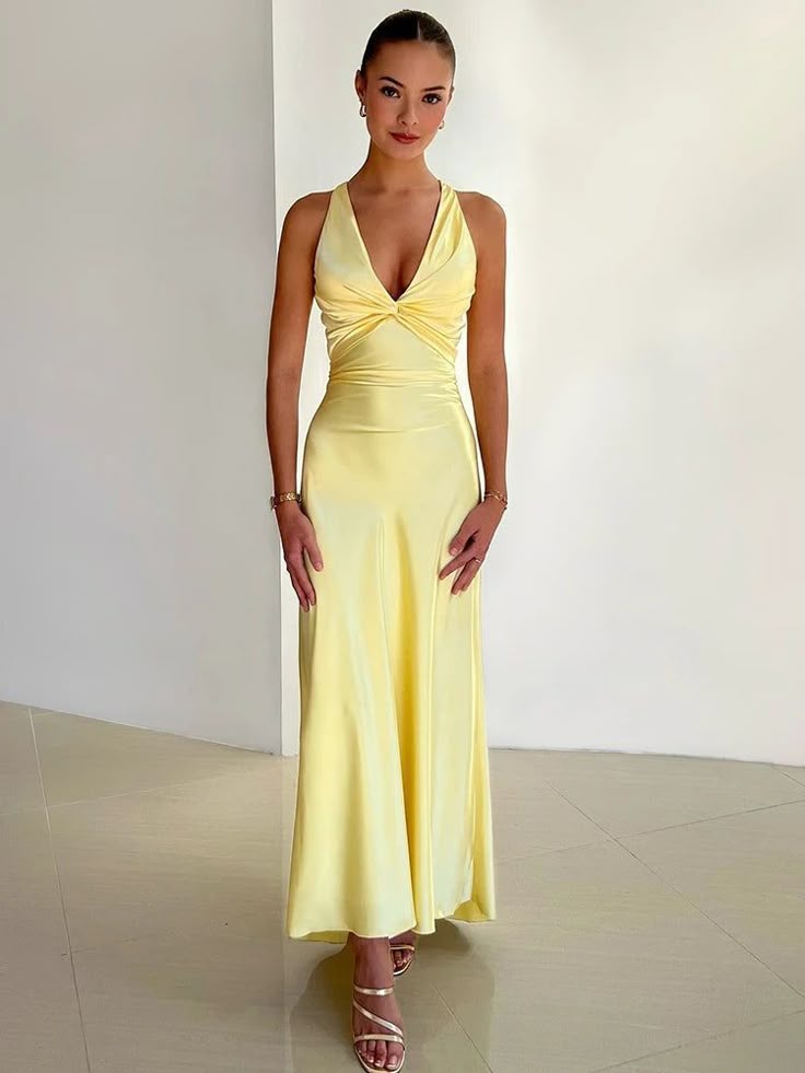 KROHN-E Damen Maxi-Kleid V-Ausschnitt Schleifendetail