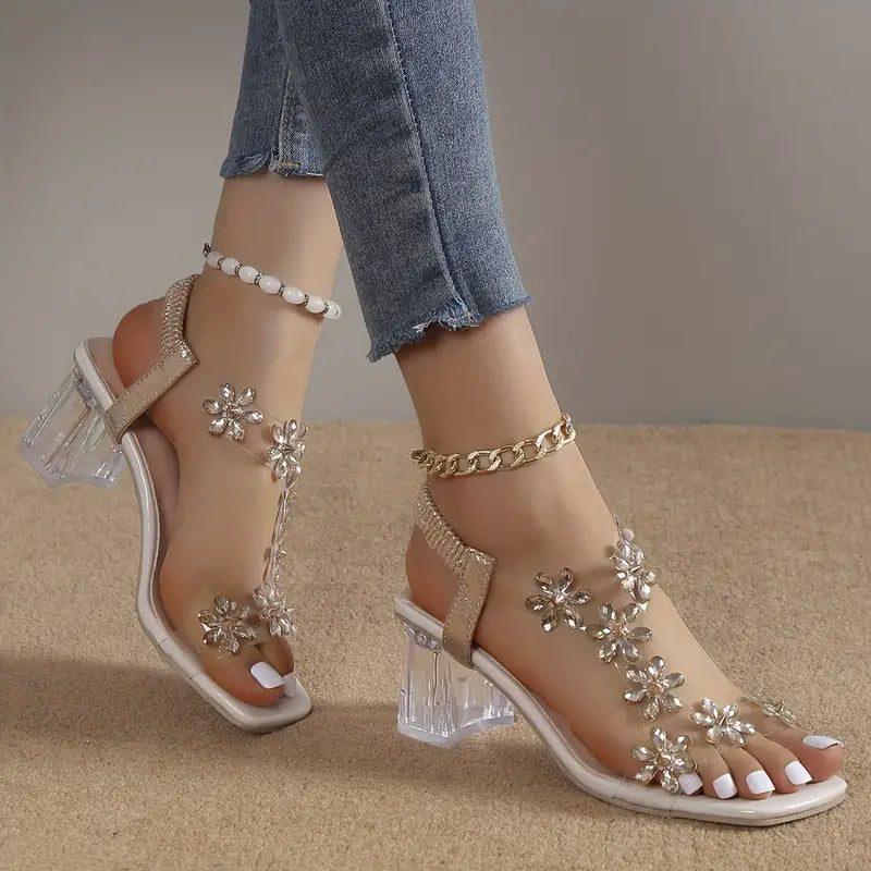 KROHN-E Damen Block Heel Sandalen Strass Blumen silber