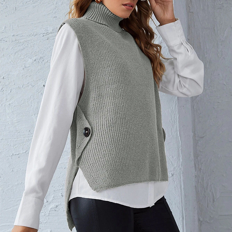 Damen ärmellose Strickjacke mit hohem Kragen und Knopfdetails Krohn-e
