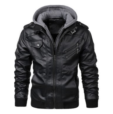 Herren Kunstlederjacke mit abnehmbarer Kapuze und mehreren Reißverschlusstaschen Krohn-e